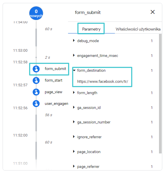 zdarzenie form_submit i jego parametry w DebugView Google Analytics 4